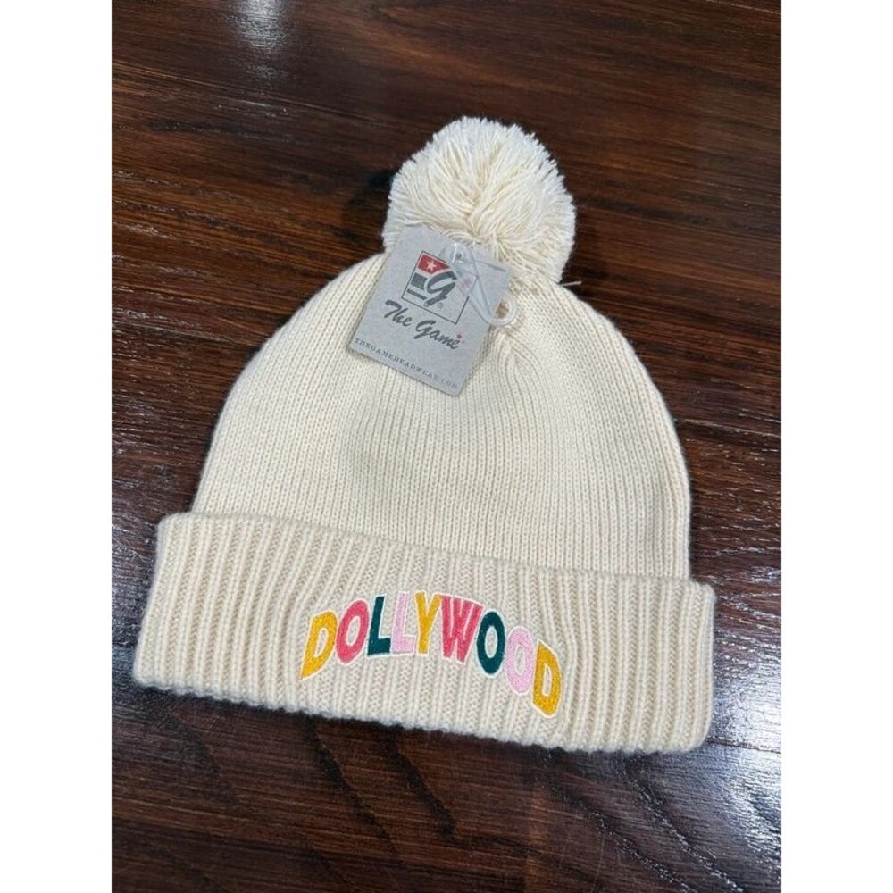 Dollywood The Game Cream Pom Beanie Multicolor Embroidered Logo NWT